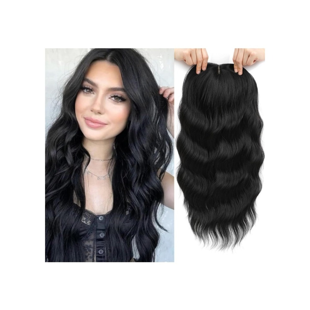 Wavy Black Hair Topper 20 Inch 3D Crown Piece with Side Bangs Silk Base Clip In